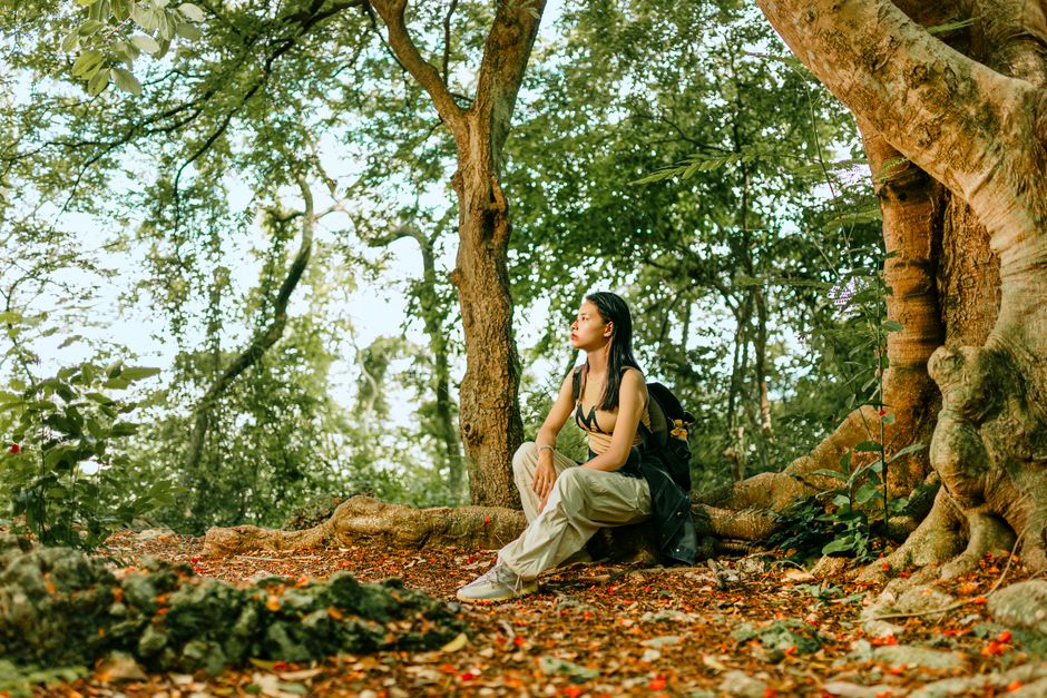 Young Asian woman with backpack resting under a large tree in a peaceful forest. Ideal for adventure and travel themes.