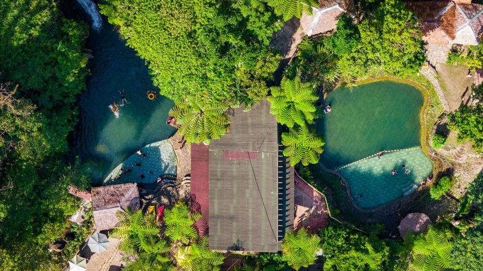Stunning aerial view of a tropical resort with pools in Cebu City, Philippines.